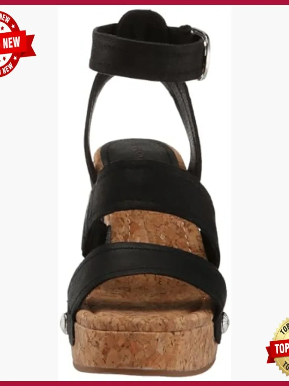 Studded Cork Wedge Sandals, Leather Upper, Ankle Strap, Casual Wear